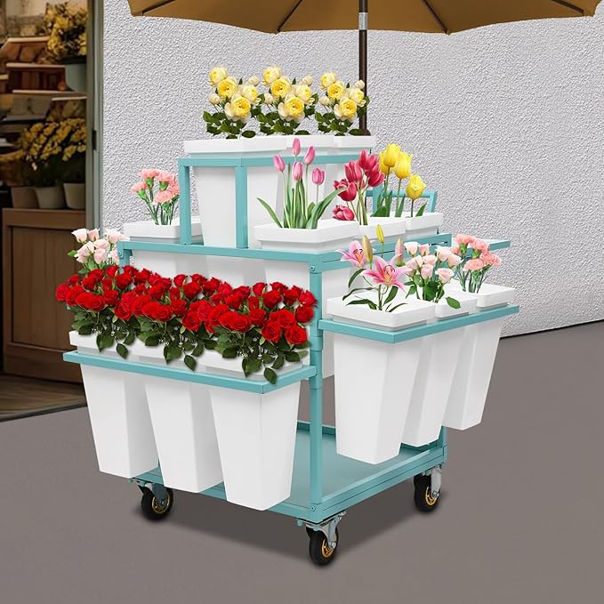 6-Tier Flower Display Stand Indoor Movable Flower Stand with 18 Buckets Plants Display Rack Cart with Wheels Metal Florist Bouquet Stand for Florist Patio Garden,23.62*23.62*36.61in (Blue)