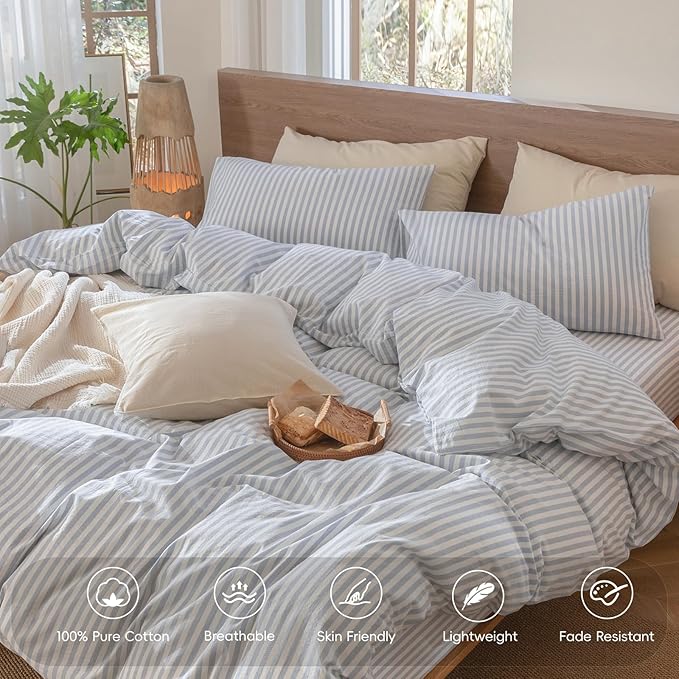 MooMee Striped Duvet Cover Set 100% Washed Cotton Linen Like Textured Breathable Durable Soft Comfy (Cornflower Blue White Classic Stripes, Alaska King 132"x120")