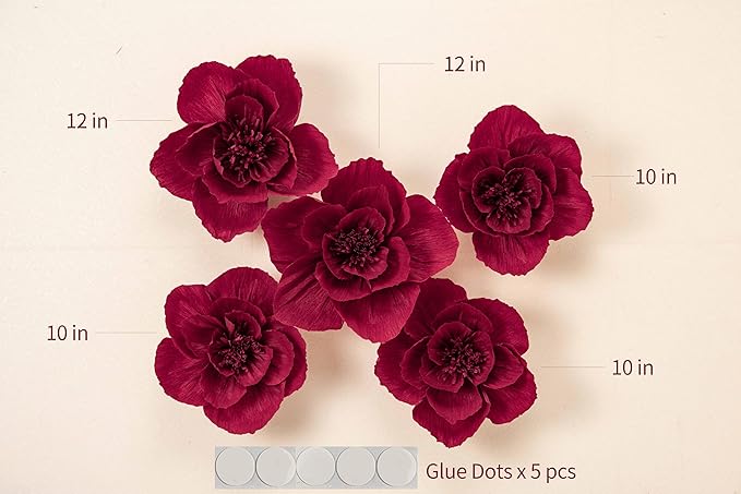 12" 3D Paper Flower Decoration for Party, Wedding Decoration, Background Wall, Nursery Room Decoration, Bridal Shower, Baby Shower(Burgundy, 5 Pcs)