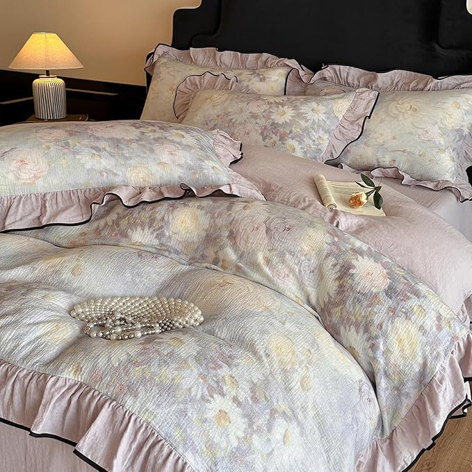 HighBuy Linen Duvet Cover Queen Vintage Purple Floral Ruffle Coquette Bedding Set French Yarn-Dyed Textured Soft Breathable Farmhouse Bedding with Zipper Closure & 4 Corner Ties - Linen,Queen