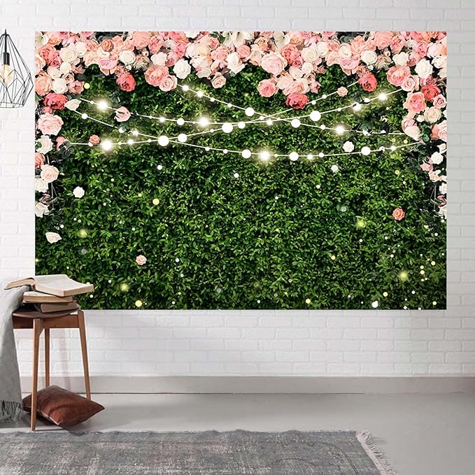 15x10ft Flower Wall Backdrop Pink Rose Floral Blossom Green Leaves Photography Background Women Girls Birthday Party Wedding Banner Decorations Portraits Supplies Photo Booth Props