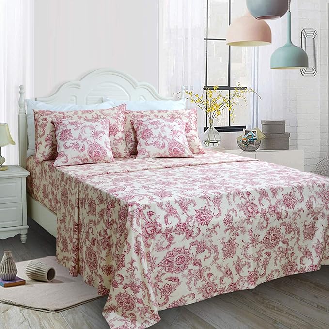 FADFAY Red Floral Bedding Elegant Bed Sheets Set Luxury Bedding Collections 800 Thread Count 100% Egyptian Cotton Deep Pocket Fitted Sheet,4 Piece-Full Size