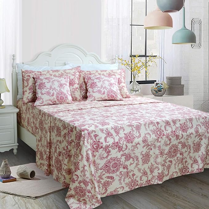 FADFAY Red Floral Bedding Elegant Bed Sheets Set Luxury Bedding Collections 800 Thread Count 100% Egyptian Cotton Deep Pocket Fitted Sheet,4 Piece-King Size