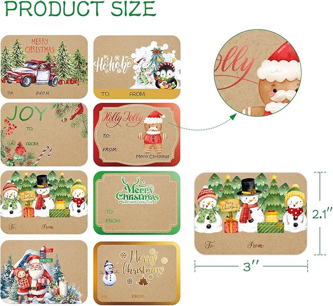 AuroTrends Jumbo Christmas Name Tags Stickers 80 Pcs/8 Designs- Kraft Name Tags for Christmas Presents Christmas Tags Stickers with Relective Metallic Foil