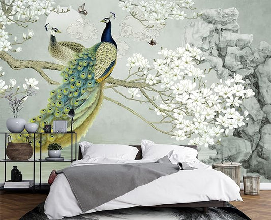 Magnolia Flower Peacock Chinoiserie Wallpaper for Bedroom 137" x 100"