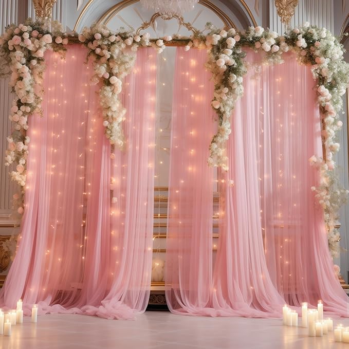30ft x 10ft Dusty Rose Backdrop Curtain with Lights String for Parties, Sheer Tulle Wedding Photo Backdrops Drapes for Baby Shower Birthday Party Decorations Background for Photography