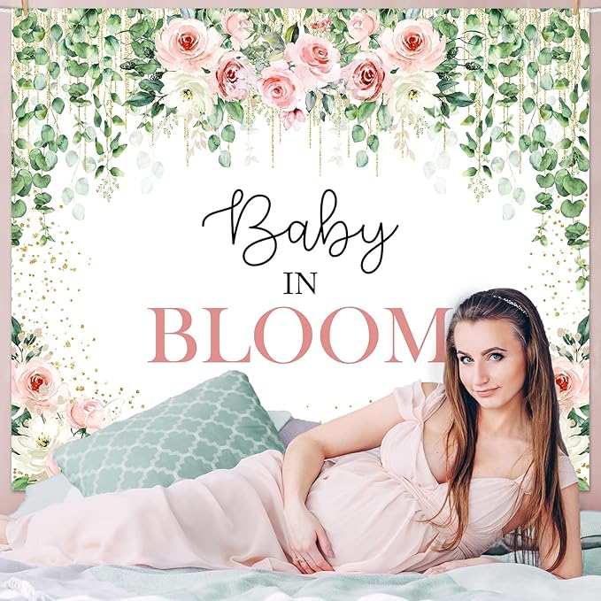 Avezano Baby in Bloom Backdrop Sage Green Leaves with Pink Flowers Baby Shower Party Decorations Baby Girl's Greenery Floral Nature Theme Photography Background Cake Table Banner (6x5ft(72x60in))