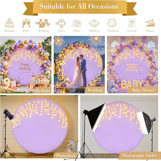 7.2 FT Purple Round Backdrop Cover with Lights String for Circle Arch Stand Circle Backdrop Covers with LED Fairy Lights for Wedding Arch Baby Shower Birthday Party Photo Photography Background
