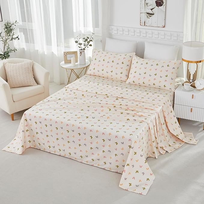 Brandream Sheet Set Butterfly Bed Sheets for King Size Bed, Women Girls Sheets Deep Pockets, Garden Butterfly Farmhouse Style 4 Pieces
