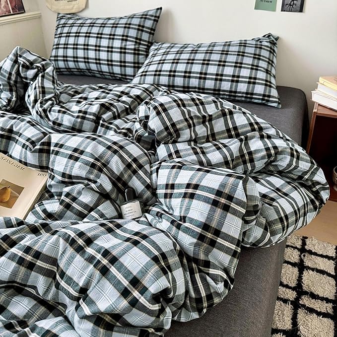LifeTB 3 Pieces Plaid Comforter Set Full Size, Soft Fluffy Vintage Plaid Checkered Comforter with 2 Pillowcases, Lightweight Breathable Grey Black Gingham Bedding Comforter Farmhouse Grid Bedding Set