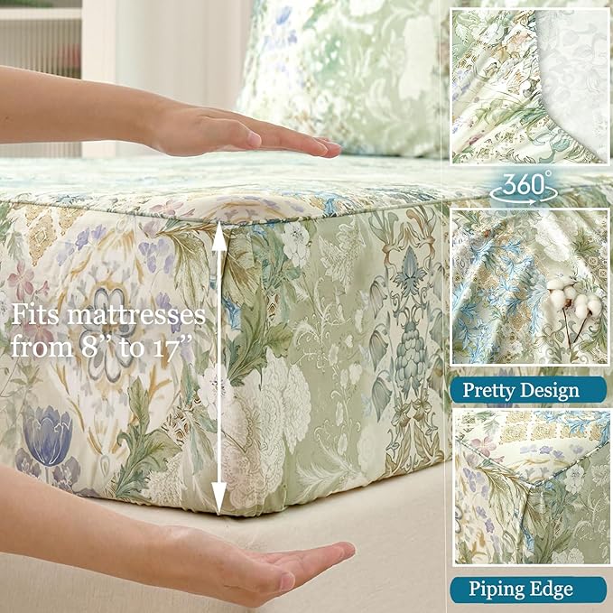 Zusbest King Size Sheets Luxury Sage Green Floral Bed Sheet Set 100% Cotton, Satin Weave Soft Silky Breathable for Hot Sleepers American Country Style Vintage Flower Deep Pocket 17.5‘’ Bed Set 4Pcs