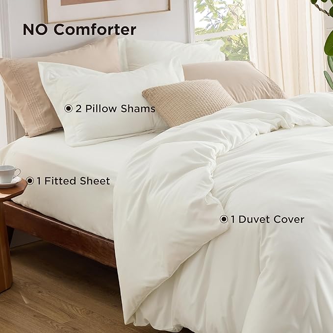 Bedsure Duvet Cover with Fitted Sheet Queen - Deep Pocket, Hotel Luxury Soft Double Brushed Bedding Set with Zipper Closure, 1 Duvet Cover, 1 Fitted Sheet, 2 Pillow Shams, NO Comforter, Ivory White