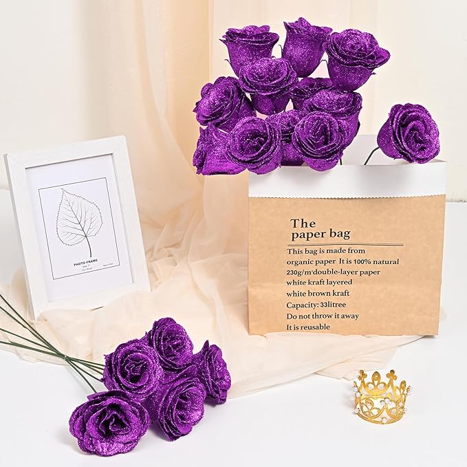 Waipfaru Glitter Roses Bouquet, DIY Fake Flowers Bouquet, Birthday Gifts for Women Mom, 24 Pcs Purple Rose for Wife Girlfriend Valentines, Mothers Day, Anniversary, Graduation