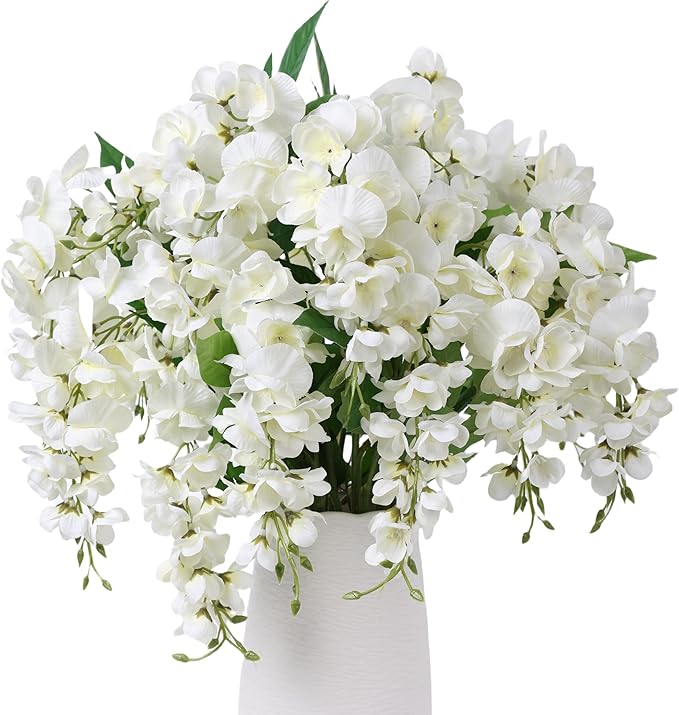HyeFlora Fake Flowers Indoor Plants, 2Pcs Greenish White Hanging Wisteria Decoration, Light Cream White UV & Fading Resistant, Room Decor for Kitchen Living Room Bathroom Centerpiece Table