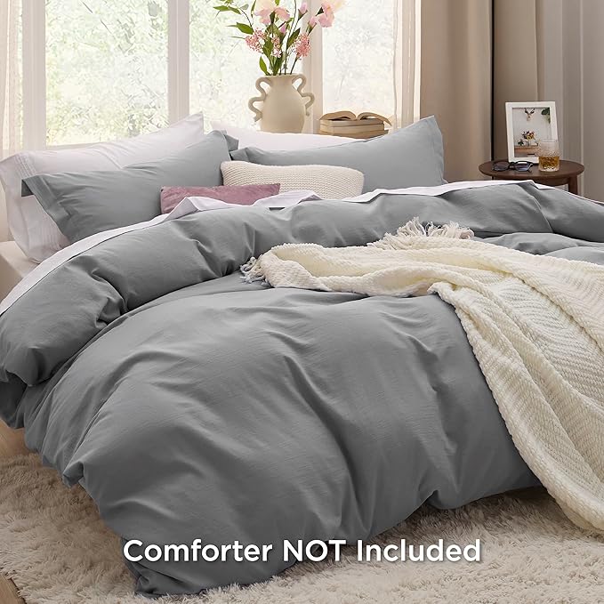 Bedsure Grey Duvet Covers Queen Size - Washed Duvet Cover, Soft Queen Duvet Cover Set 3 Pieces with Zipper Closure, 1 Duvet Cover 90x90 inches and 2 Pillow Shams