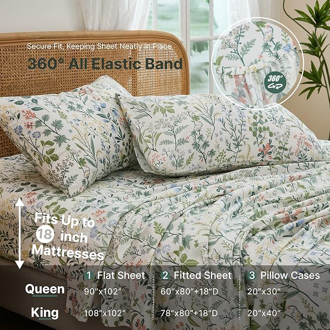 100% Cotton Sheet Set Queen Size – 4-Piece Vintage Green Garden Floral Bedding Set, Soft Breathable Percale Weave, Deep Pocket Fitted Sheet 17.5", Crisp Cool Feel, Refined Botanical Elegance