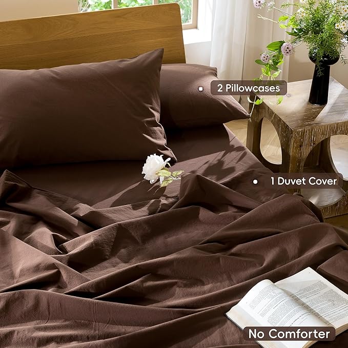 MooMee Bedding Duvet Cover Set 100% Washed Cotton Linen Like Textured Breathable Durable Soft Comfy (Solid Cocoa Brown, Super Queen 90"x98")
