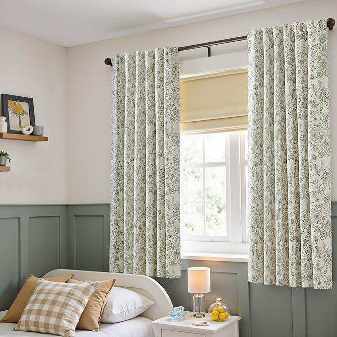 jinchan Floral Blackout Curtains for Bedroom Living Room 63 Inch Length Farmhouse Curtains Room Darkening Vintage Short Drapes Traditional Rod Pocket Window Treatment 2 Panels Set Sage Green on Beige