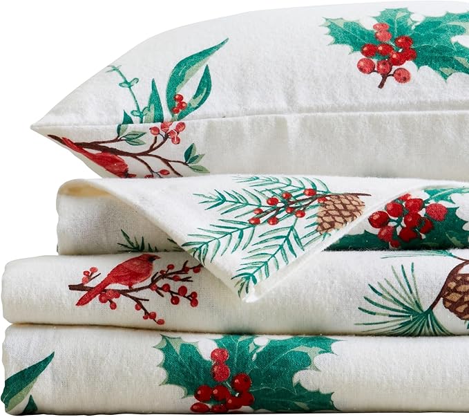 Market & Place 100% Cotton Queen Flannel Sheet Set | 4 Piece Deep Pocket Novelty Cozy Winter Bed Sheets | Double Brushed for Extra Softness & Comfort | Alpine Collection (Queen, Cardinal & Pine)