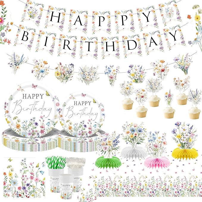 Wildflower Birthday Party Decorations for Girls Women, Banner Centerpieces Cupcake Toppers Tablecloth, Spring Floral Paper Plates Napkins Cups Forks Straws Supplies Serve 20