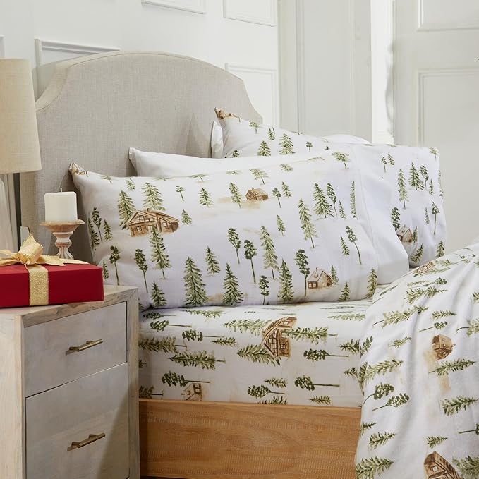 Market & Place 100% Cotton Queen Flannel Sheet Set | 4 Piece Deep Pocket Novelty Cozy Winter Bed Sheets | Double Brushed for Extra Softness & Comfort | Alpine Collection (Queen, Watercolor Forest)