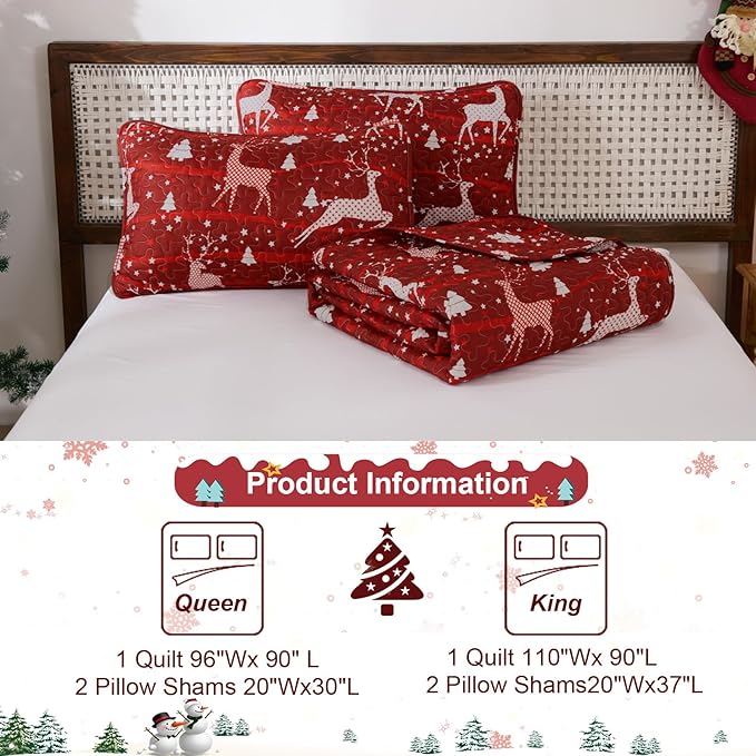 Dinjoy Christmas Quilt Set Queen Size, Christmas Holiday Quilt Bedding Set Xmas New Year Bedspread Soft Microfiber 3 Pieces Coverlet for Kid Adult 90"x90" New Year Gift