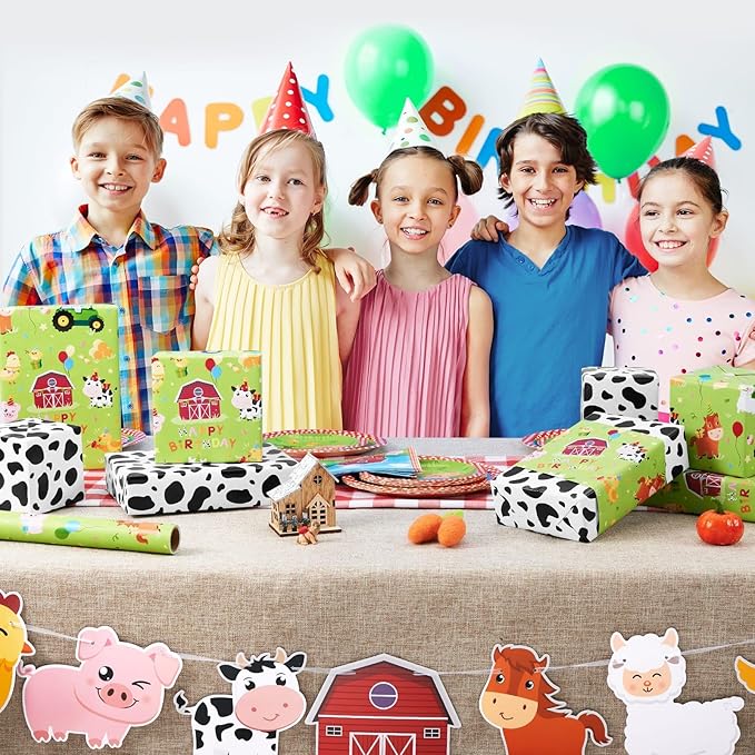 WERNNSAI Farm Animal Wrapping Paper - 1 Roll 17” x 16.4 ft Green Farm Gift Wrapping Paper for Kids Birthday Baby Shower Animal Gift Packing Decoration Supply Reversible Cow Prints Design