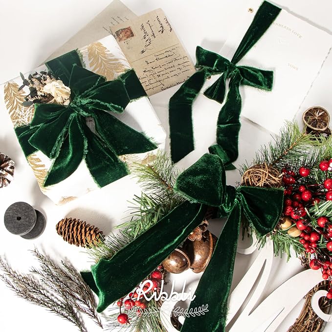 Ribbli Forest Green Velvet Ribbon 3 Inch Handmade Frayed Vintage Christmas Ribbon for Gift Wrapping Christmas Tree Ornament Wreath Craft Home Decor -3 Yards