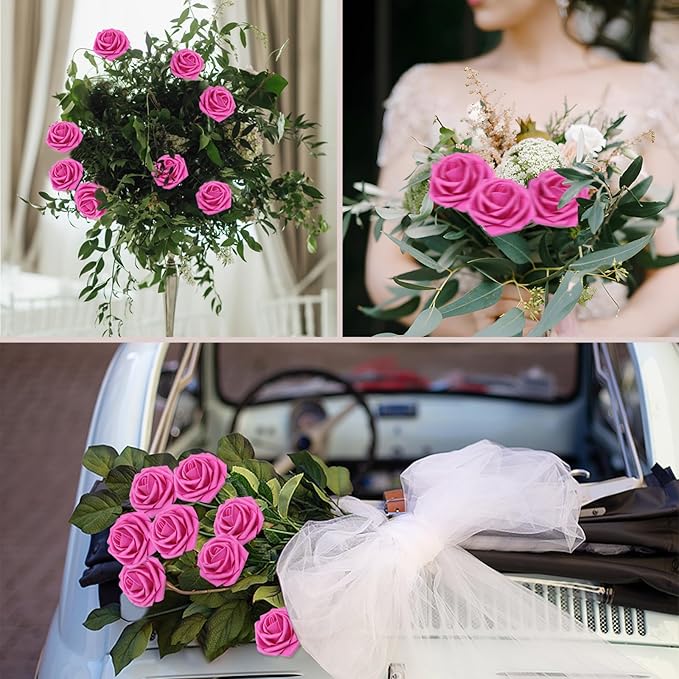 100Pcs Artificial Flowers Hot Pink Roses Real Looking Foam Fake Roses with Leaves and for DIY Wedding Bouquets Bridal Shower Centerpieces Party Decorations (Hot Pink, 100)