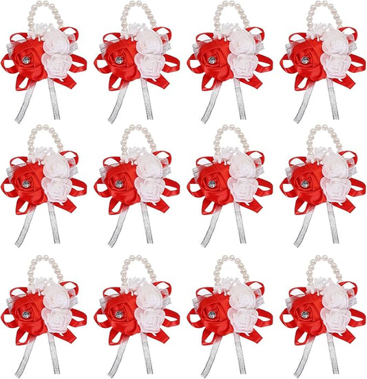 MECCANIXITY 12Pcs Wrist Corsage Artificial Flower Bracelets Rose Wrist Bride Groom Decorative for Wedding Ceremony Prom Party Anniversary Red