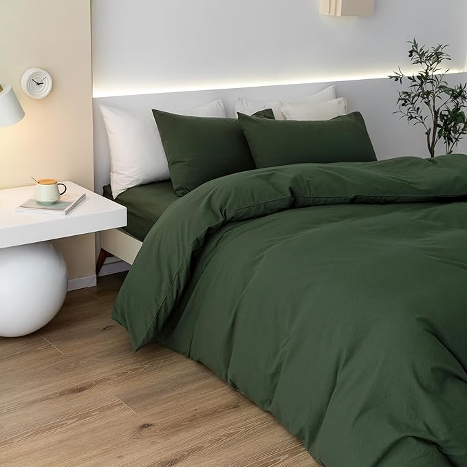 JIYUAN 100% Washed Cotton Duvet Cover Set 3 Pieces Full, 1 Duvet Cover 80x90 Inches(Comforter Not Included) and 2 Pillowcases,Linen Feel Bedding Set Comfy and Breathable,Forest Green