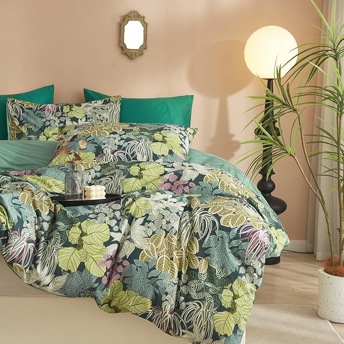 mixinni Tropical Multicolored Leaves Print Duvet Cover 2 Pillowcases Botanical King Size Floral Duvet Cover Set Soft Cotton Bedding Set for Her and Him-Easy Care, Soft and Durable-King Size