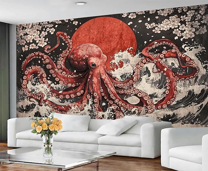 Japanese Wave Octopus Wall Mural, Japanese Traditional 3D Wall Murals, Ocean and Octopus Wallpaper Mural, for Living Room Bedroom Large Wallpaper Indoor Decor 118" W x 82.6 "H