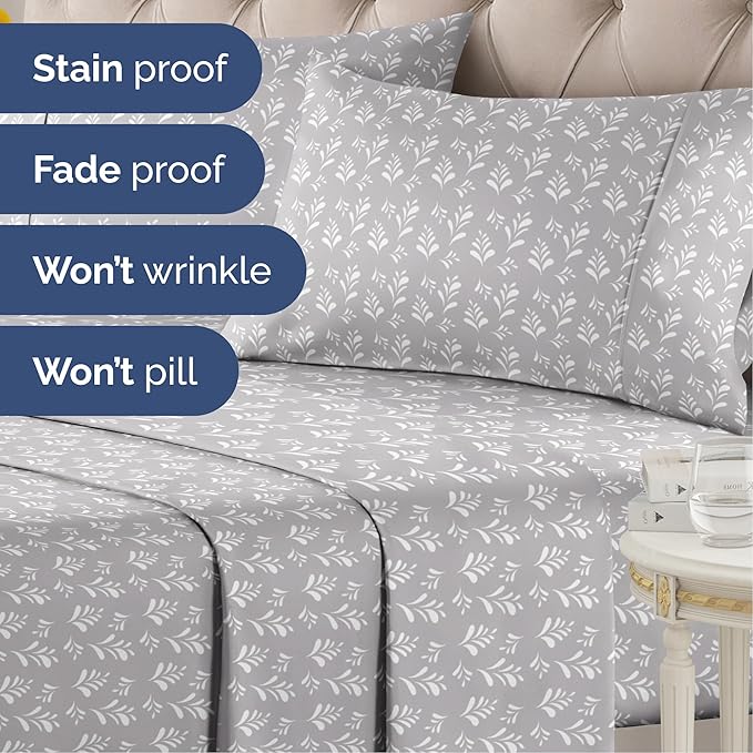 Floral Sheets - Grey & White Bed Sheet Set - 1 Flat, 1 Fitted & 2 Pillowcases w/ Deep Pockets - Comfy, Wrinkle & Fade Free - Boho Botanical Bedding - Ultra-Soft, Breathable & Cooling - Full Size Set