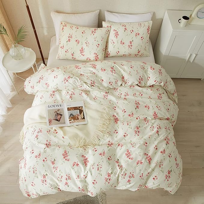 Boho Floral Duvet Cover Full Soft Cotton Girls Pink Floral Bedding Set Chic Garden Style Cute Flower Pattern Duvet Cover Vintage Floral Botanical Comforter Cover 1 Full Duvet Cover with 2 Pillowcases