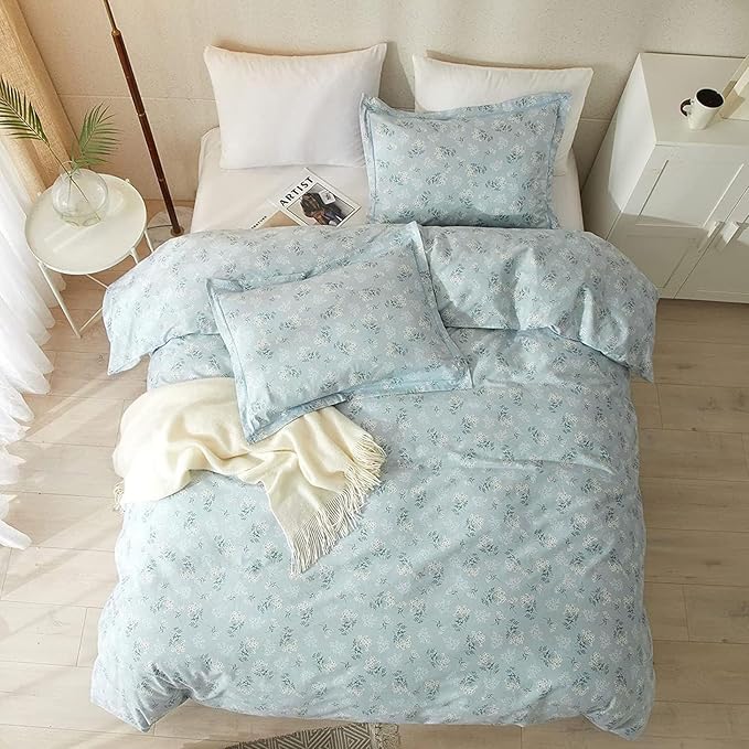 VM VOUGEMARKET Floral Comforter Set Queen Blue Comforter Set Garden Style Bedding Set Aesthetic Flower Botanical Comforter Set Soft All Seasons Boho Floral Comforter Set Queen Size
