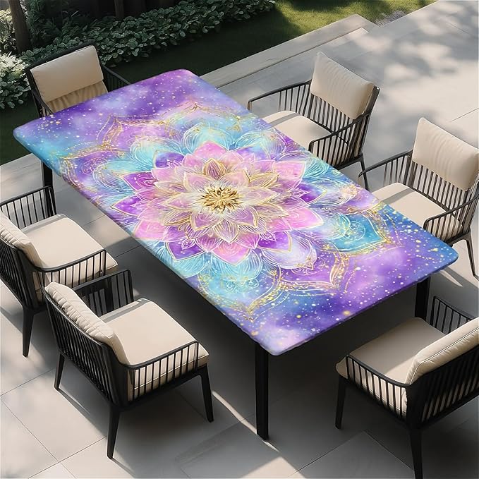 Rectangle Table Cloth Cover Waterproof Elastic Fitted Polyester Fitted Tablecloths for 4 Foot Tables for Indoor,Picnic, Camping, Outdoor （48" x 30"，Datura）