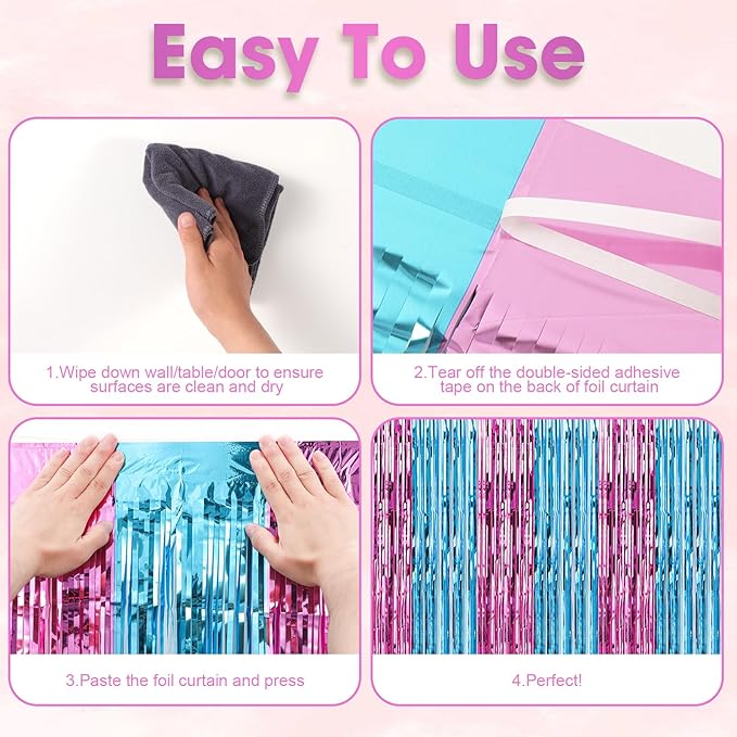 3 Pack 3.3x8.2 Feet Blue and Pink Foil Fringe Backdrop Curtains, Tinsel Streamers Birthday Party Decorations, Fringe Backdrop for Graduation, Baby Shower, Gender Reveal, Disco Party