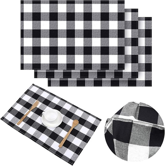 Aneco 4 Pack Buffalo Plaid Placemats Checkered Place Mats Double Layer Placemats 13 x 19 Inches Decorative Kitchen Cotton Table Placemats, Black and White