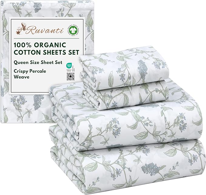 RUVANTI 100% Organic Cotton Sheets Queen Size, Percale Weave, GOTS Certified, 4-Piece Set, Deep Pocket 15", Crisp & Breathable, Soft Durable Bedding, Sábanas Algodón Orgánico – Vine Yard