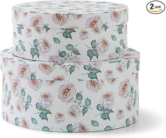 Soul & Lane Oblong Decorative Cardboard Storage Boxes with Lids, Set of 2 Floral Keepsake Boxes for Women, Oval Nesting Storage for Gifts, Home Decor, Organizing, Garden Roses