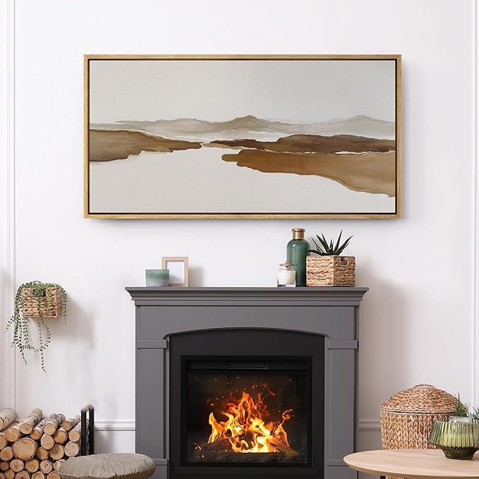 SIGNFORD Extra Large Framed Canvas Print Wall Art Abstract Brown Mountain River Illustrations Modern Art Relax/Calm Warm for Living Room, Bedroom, Office - 60"x30"