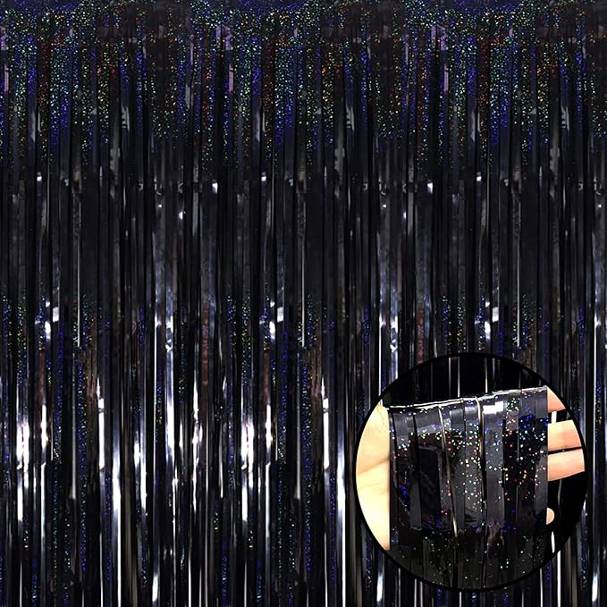 4 Pack Black Tinsel Foil Fringe Curtain Backdrop, 3.28Ft x 8.2Ft Metallic Streamers for Photo Booth Props Wedding Bridal Shower Bachelorette Birthday Halloween Christmas Party Decoration