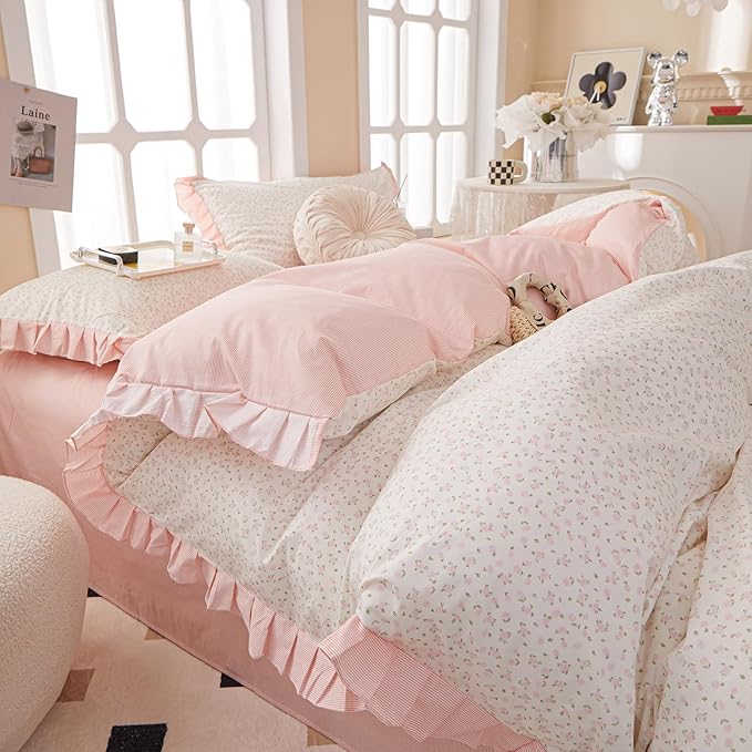 Pink Floral Comforter Set Queen Romantic Girls Ruffle Lace Bedding Set Queen Fluffy Soft Botanical Flowers Comforter with 2 Pillowcases Lightweight Bedding Cottagecore Comforter Set for All Season