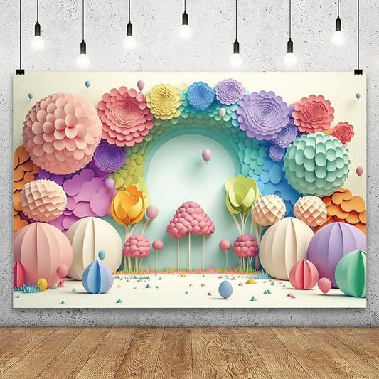YongFoto Paper Flowers Backdrop 10x6.5ft Colorful Cut Paper Floral Blossom Rainbow Arch Hot Air Balloon Honeycomb Ball Photography Background Lovely Party Banner Home Decor Photo Studio Booth Props
