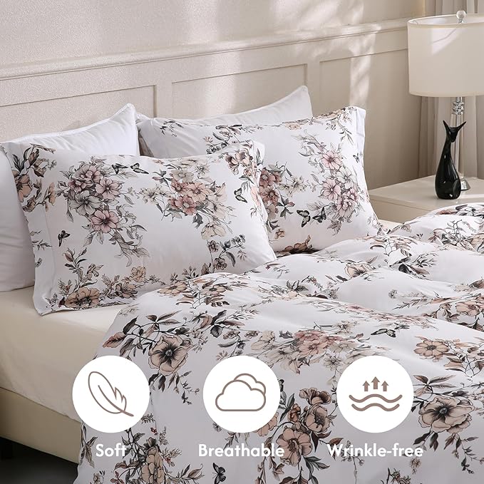 LONAVA Queen Floral 3 Pcs Duvet Cover Set, Breathable Soft Microfiber Light Grey Lining Comforter Cover with Zipper Closure, and 2 Anti-Pilling, Fade Resistant Pillowcases, Withered Flowers