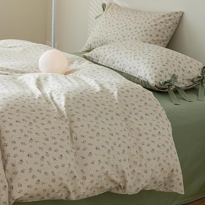 HighBuy Girl Floral Comforter Set Full Cute Boho Full Size Comforter Bedding Sets for Kids with 2 Bow Tie Pillowcases Cottagecore 3 Piece Coquette Bedding Comforter Sets Bed Set Easy Care
