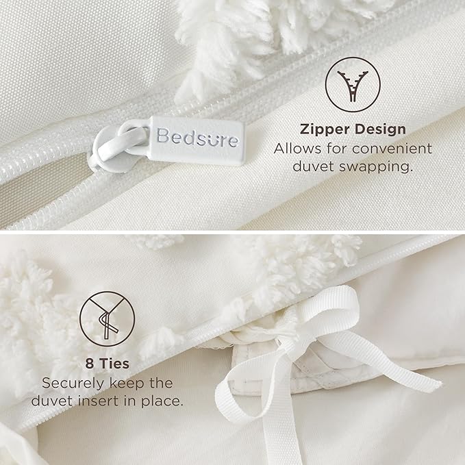 Bedsure Boho Duvet Cover King - White Tufted Boho Bedding, Farmhouse Shabby Chic Embroidery Bedding for All Seasons, 3 Pieces, 1 Soft Jacquard King Comforter Cover and 2 Pillow Shams
