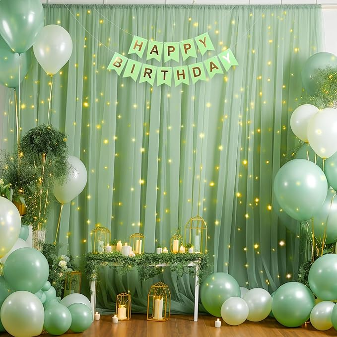 30ft x 10ft Green Backdrop Curtain with Lights String for Parties, Sheer Tulle Wedding Photo Backdrops Drapes for Baby Shower Birthday Party Decorations Background for Photography