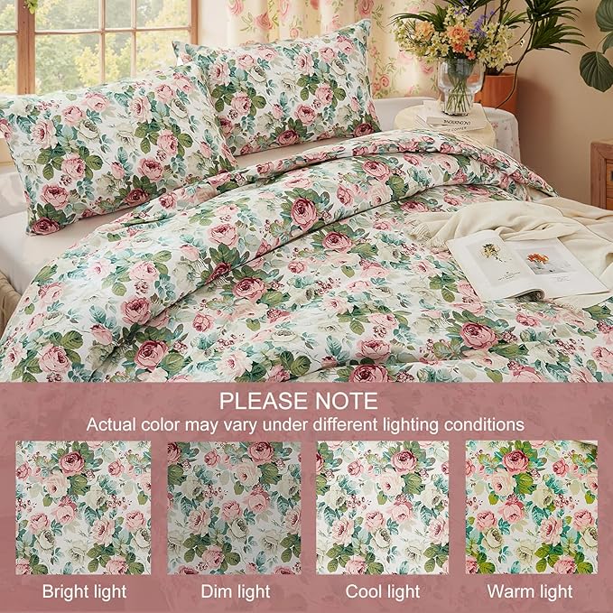 Rose Red Floral Queen Bedding Romantic Girls Comforter Set Soft Botanical Vintage & Country Home Decor for All Season